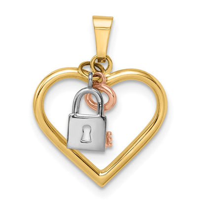 14K Tricolor Herz, Schloss und Key Anhänger