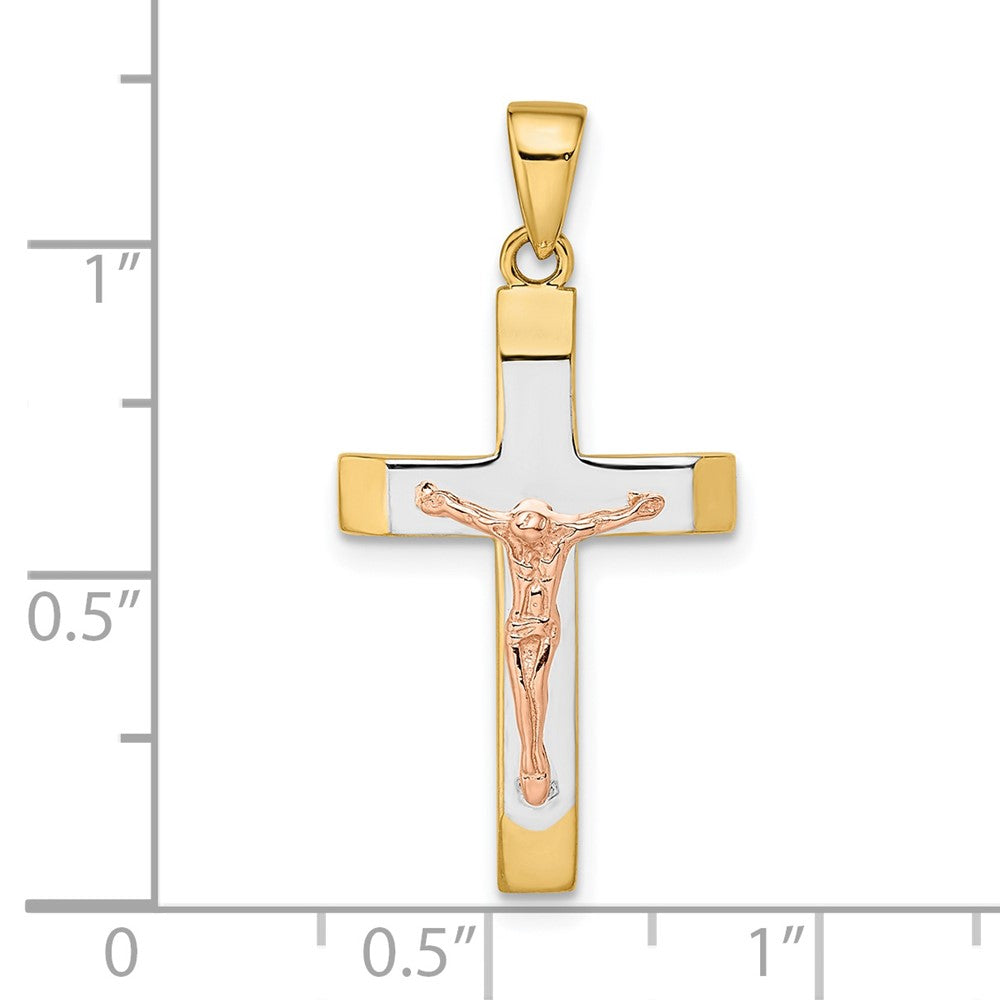 14K Bicolor-Gold Gelbgold und Roségold mit Weiß-Rhodinierung Facettiertes Großes Kruzifix-Anhänger