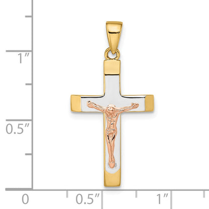 14K Bicolor-Gold Gelbgold und Roségold mit Weiß-Rhodinierung Facettiertes Großes Kruzifix-Anhänger