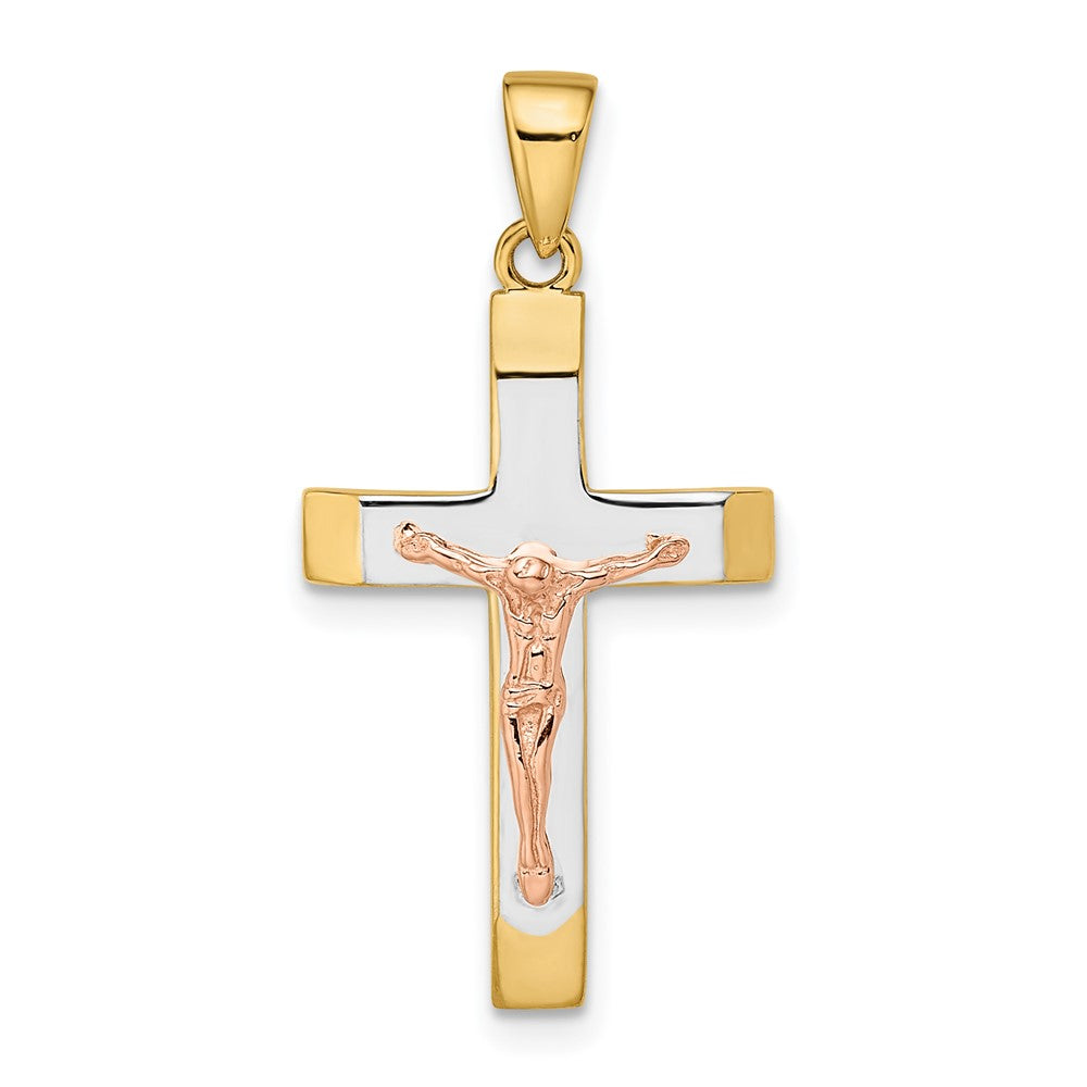 14K Bicolor-Gold Gelbgold und Roségold mit Weiß-Rhodinierung Facettiertes Großes Kruzifix-Anhänger