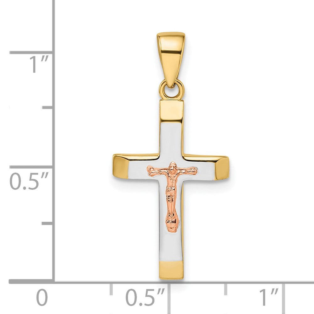 14 Karat Bicolor-Gold, Gelbgold und Roségold mit Weißrhodium, abgeschrägter mittelgroßer Kruzifix-Anhänger