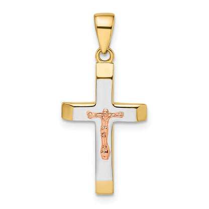 14 Karat Bicolor-Gold, Gelbgold und Roségold mit Weißrhodium, abgeschrägter mittelgroßer Kruzifix-Anhänger