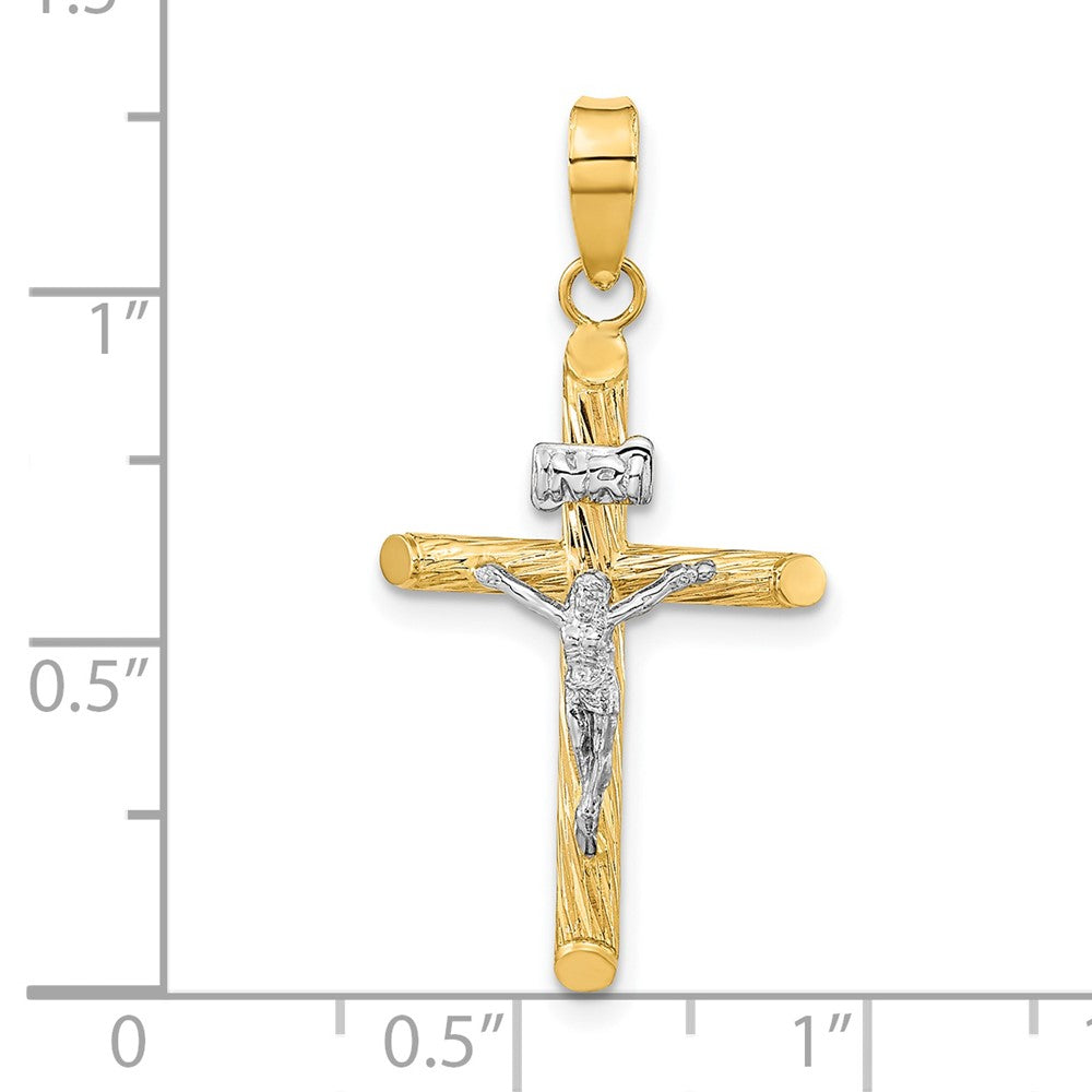 14K Gelb & Rhodium mit Weiß Rhod Poliert Strukturiert Inri Kruzifix Kreuz Anhänger