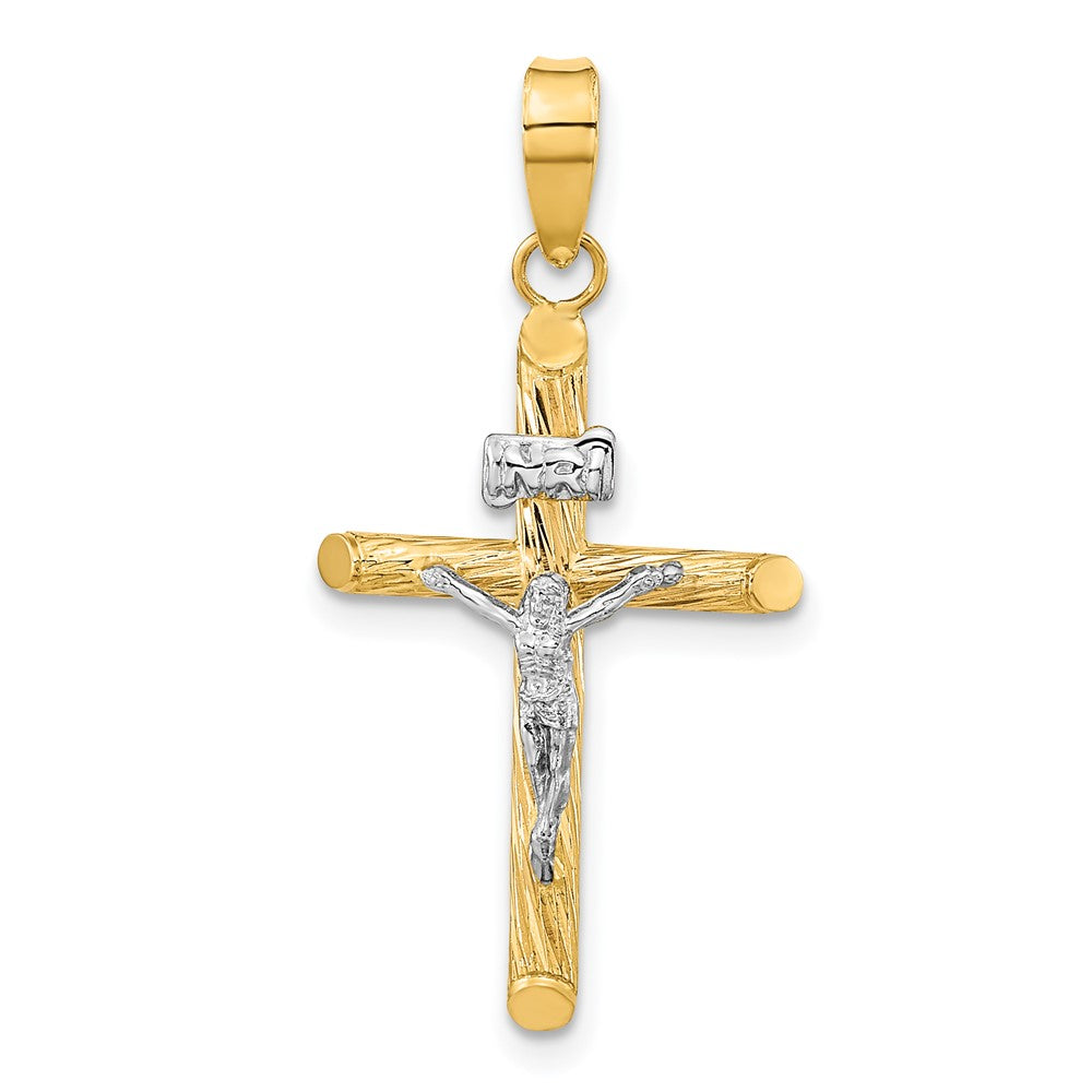 14K Gelb & Rhodium mit Weiß Rhod Poliert Strukturiert Inri Kruzifix Kreuz Anhänger