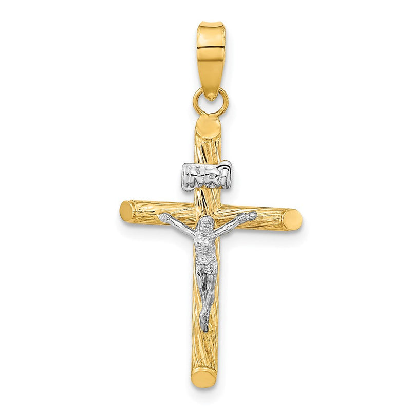 14K Gelb & Rhodium mit Weiß Rhod Poliert Strukturiert Inri Kruzifix Kreuz Anhänger