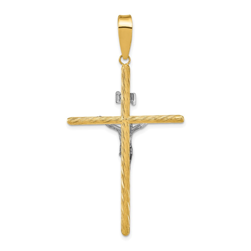 14K Gelb- und Rhodiumgold mit Weißrhodium, poliert und strukturiert, INRI-Kruzifix-Kreuzanhänger