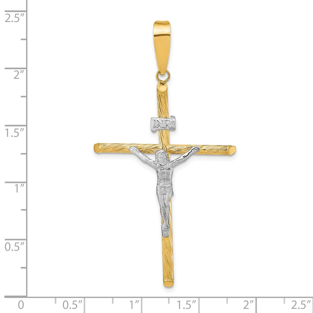 14K Gelb- und Rhodiumgold mit Weißrhodium, poliert und strukturiert, INRI-Kruzifix-Kreuzanhänger