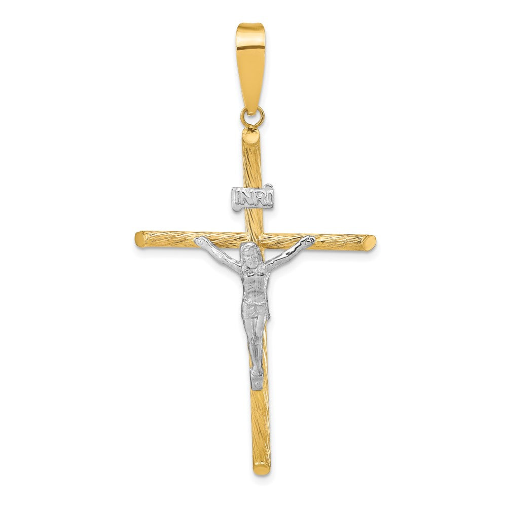14K Gelb- und Rhodiumgold mit Weißrhodium, poliert und strukturiert, INRI-Kruzifix-Kreuzanhänger