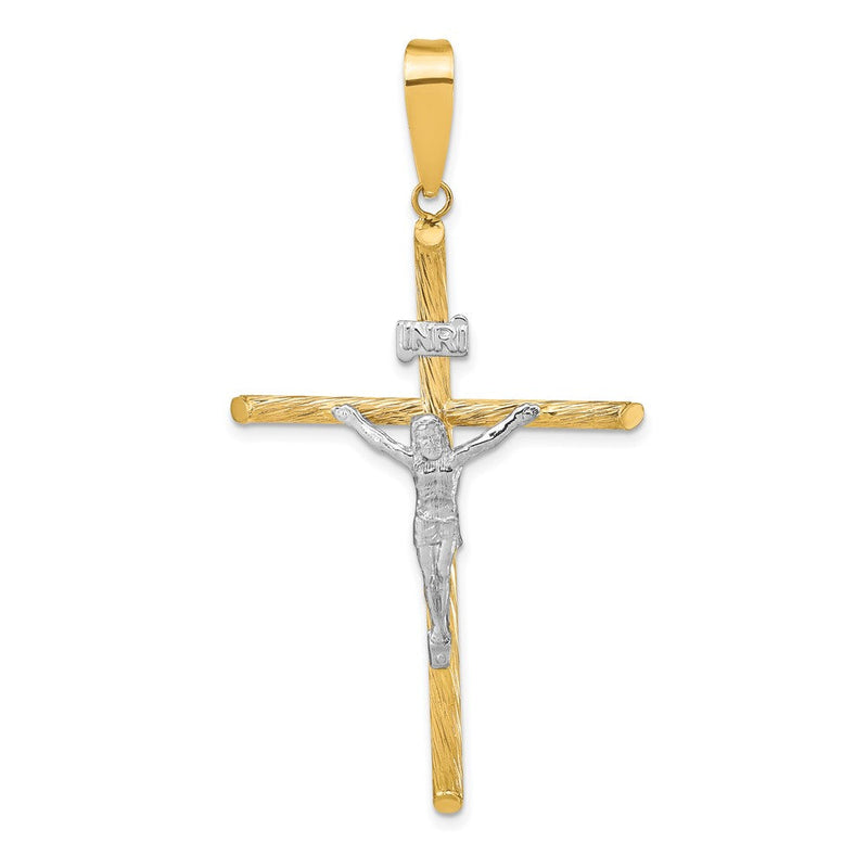 14K Gelb- und Rhodiumgold mit Weißrhodium, poliert und strukturiert, INRI-Kruzifix-Kreuzanhänger