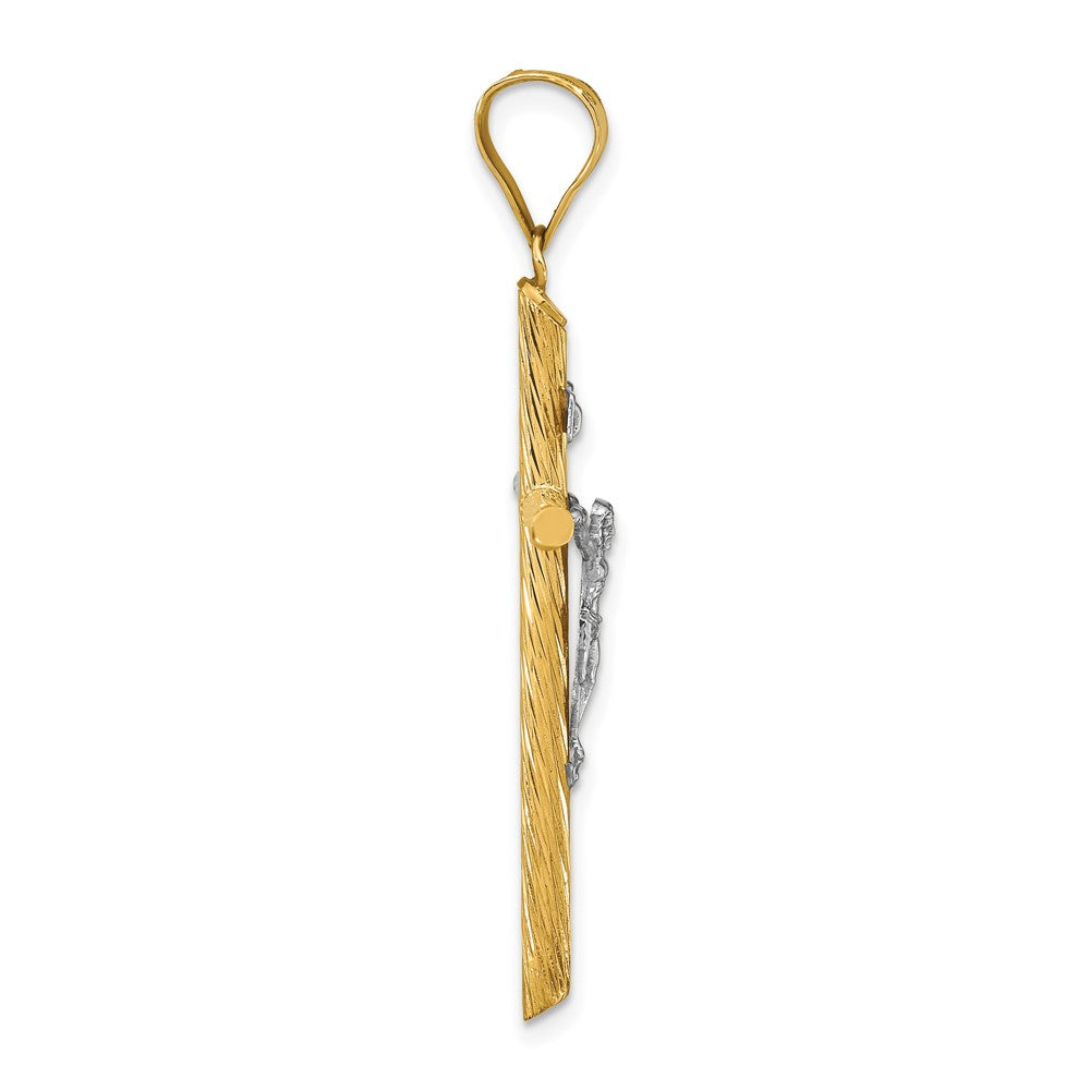 INRI-Kruzifix-Kreuzanhänger aus 14K Gelb- und Rhodiumgold mit Weißrhodium, poliert und strukturiert