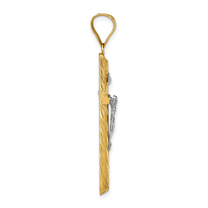 INRI-Kruzifix-Kreuzanhänger aus 14K Gelb- und Rhodiumgold mit Weißrhodium, poliert und strukturiert