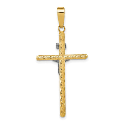 INRI-Kruzifix-Kreuzanhänger aus 14K Gelb- und Rhodiumgold mit Weißrhodium, poliert und strukturiert