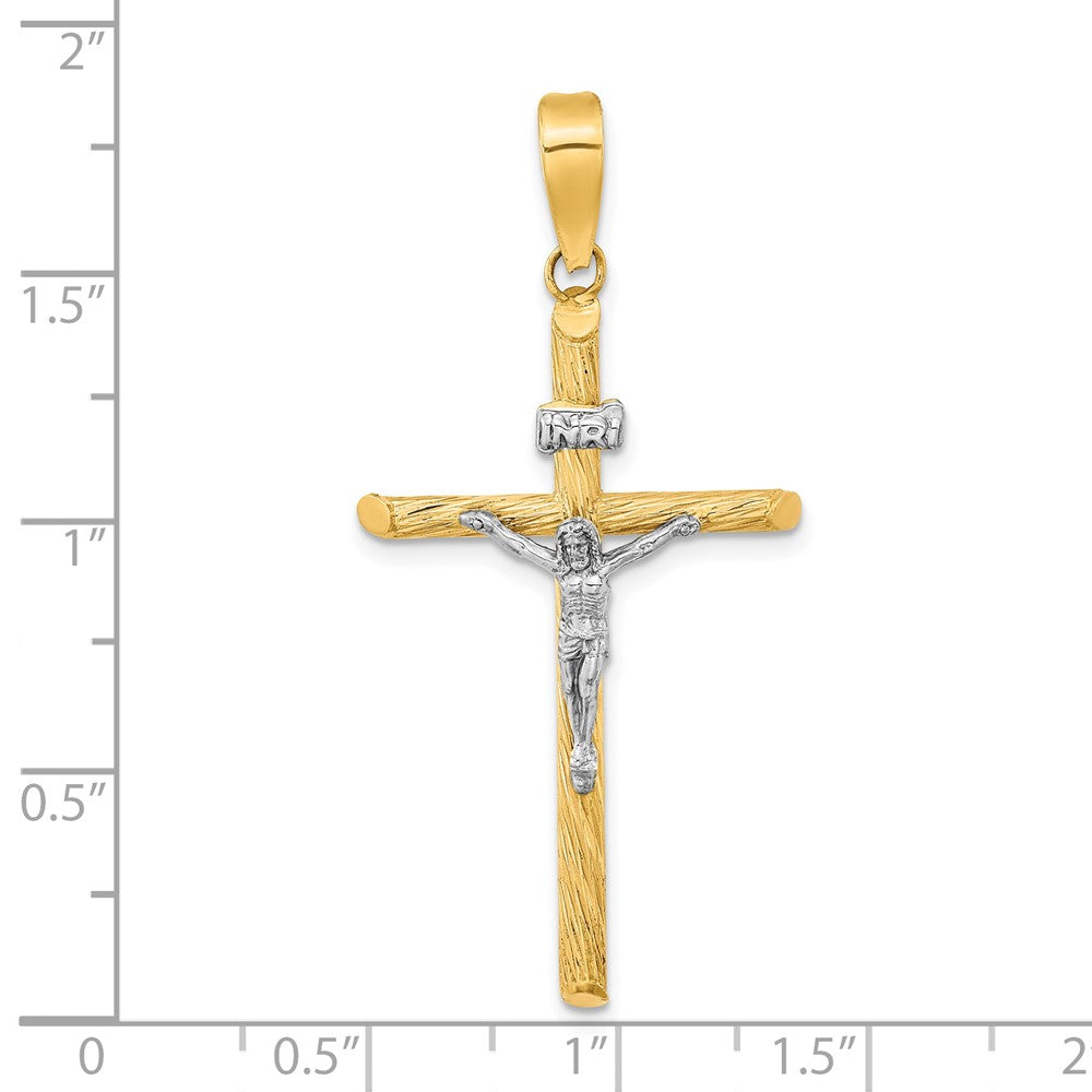 INRI-Kruzifix-Kreuzanhänger aus 14K Gelb- und Rhodiumgold mit Weißrhodium, poliert und strukturiert