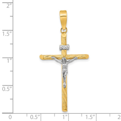 INRI-Kruzifix-Kreuzanhänger aus 14K Gelb- und Rhodiumgold mit Weißrhodium, poliert und strukturiert
