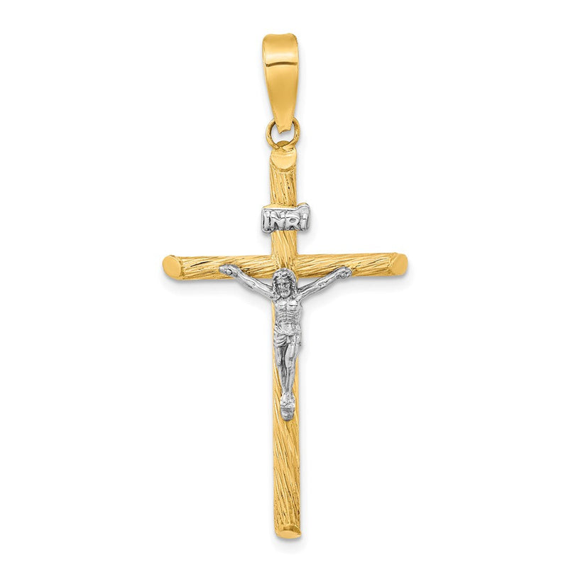 INRI-Kruzifix-Kreuzanhänger aus 14K Gelb- und Rhodiumgold mit Weißrhodium, poliert und strukturiert