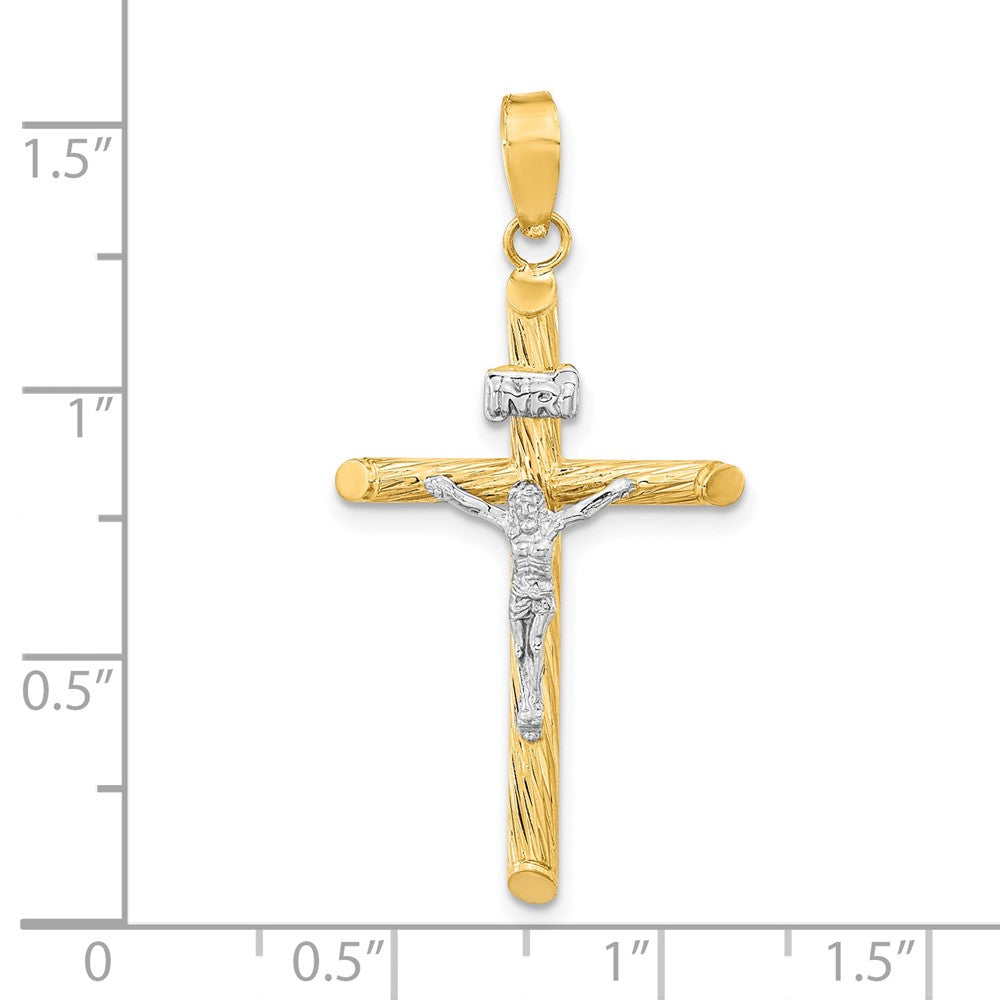 14K Gelb & Rhodium mit Weiß Rhod Poliert Strukturiert Inri Kruzifix Kreuz Anhänger