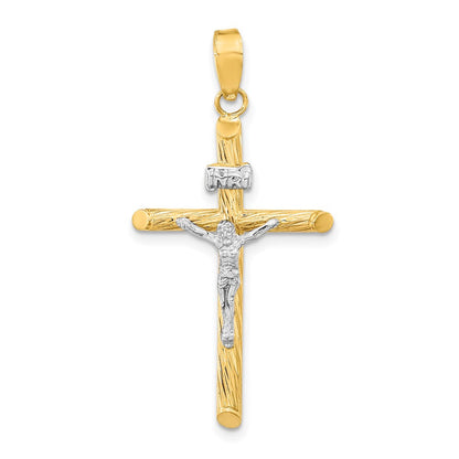 14K Gelb & Rhodium mit Weiß Rhod Poliert Strukturiert Inri Kruzifix Kreuz Anhänger