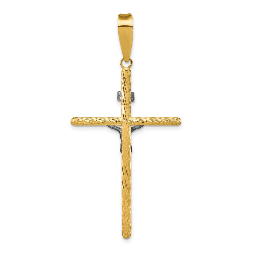 14K Gelb- und Rhodiumgold mit Weißrhodinierung, poliert und texturiert, INRI-Kruzifix-Kreuzanhänger