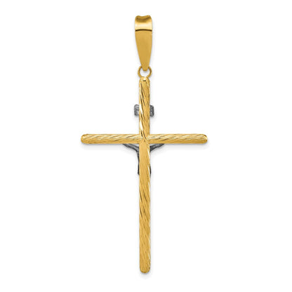 14K Gelb- und Rhodiumgold mit Weißrhodinierung, poliert und texturiert, INRI-Kruzifix-Kreuzanhänger