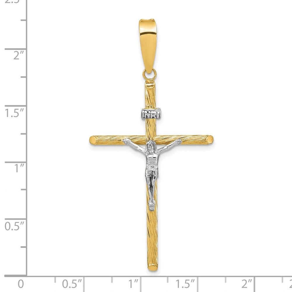 14K Gelb- und Rhodiumgold mit Weißrhodinierung, poliert und texturiert, INRI-Kruzifix-Kreuzanhänger