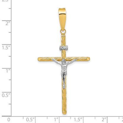 14K Gelb- und Rhodiumgold mit Weißrhodinierung, poliert und texturiert, INRI-Kruzifix-Kreuzanhänger