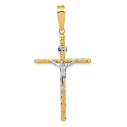 14K Gelb- und Rhodiumgold mit Weißrhodinierung, poliert und texturiert, INRI-Kruzifix-Kreuzanhänger