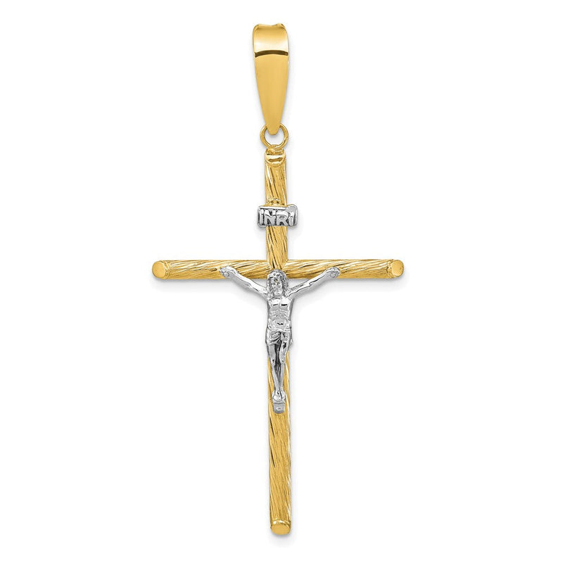 14K Gelb- und Rhodiumgold mit Weißrhodinierung, poliert und texturiert, INRI-Kruzifix-Kreuzanhänger