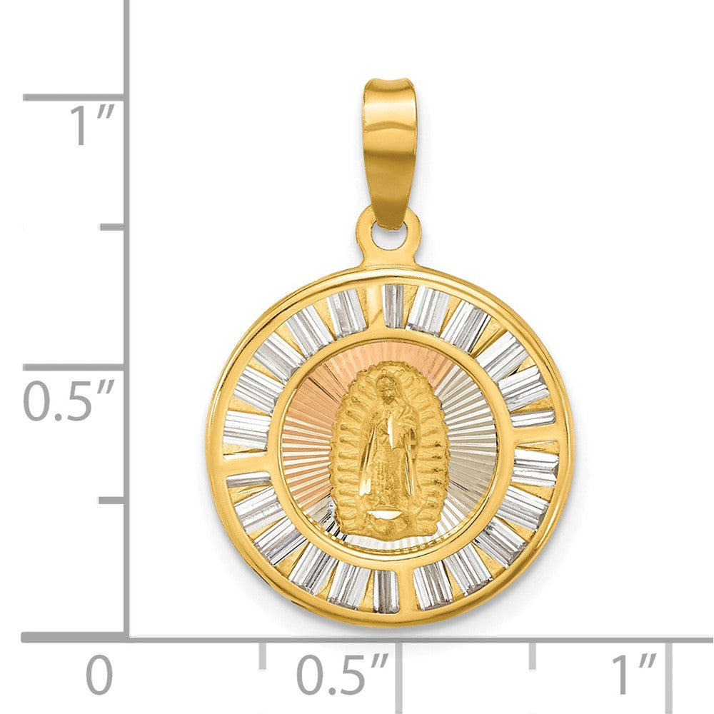 14K Gelb & Rhodium Rose und Weiß-beschichtet Poliert Zirkonia Baguettes Mary Rund Anhänger