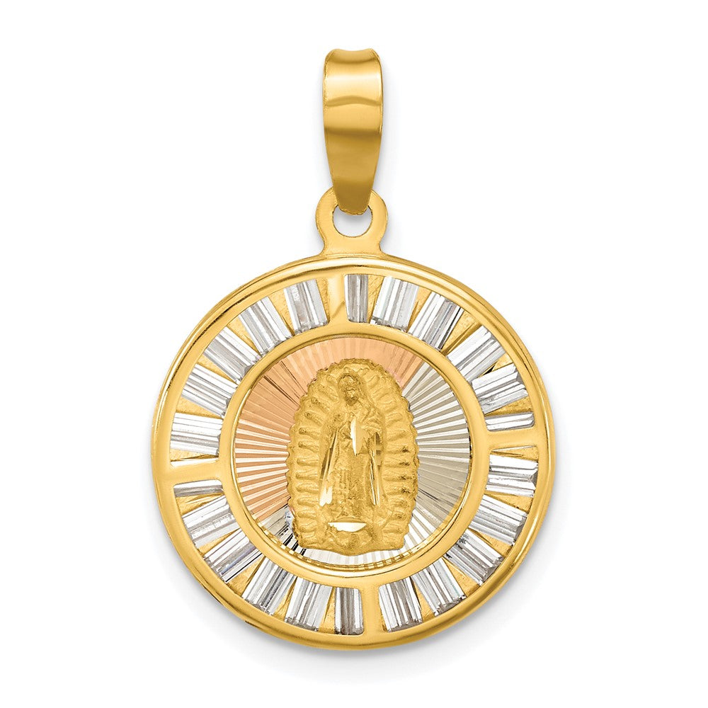 14K Gelb & Rhodium Rose und Weiß-beschichtet Poliert Zirkonia Baguettes Mary Rund Anhänger