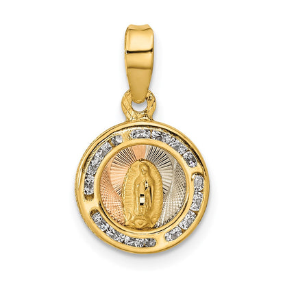 14K Gelb & Rhodium Rose und Weiß Poliert Zirkonia Mary Rund Anhänger