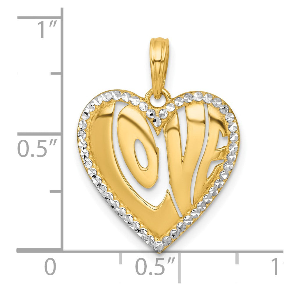 14K Gelb & Rhodium mit Weiß Rhodium Poliert Liebe in Herz Charm