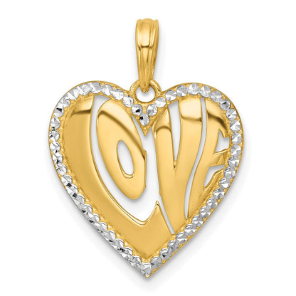 14K Gelb & Rhodium mit Weiß Rhodium Poliert Liebe in Herz Charm