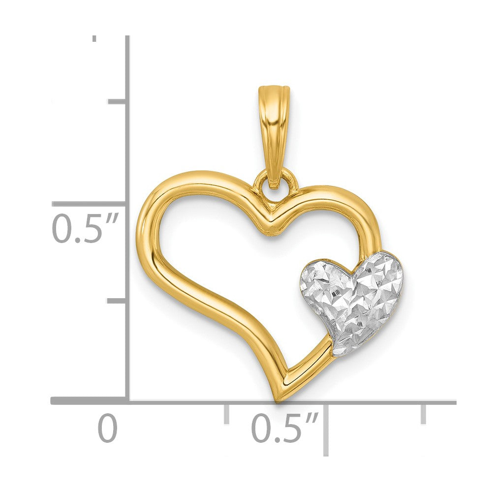 14K Gelb & Rhodium mit Weiß Rhodium Poliert Herz Form mit Mini Herz Charm