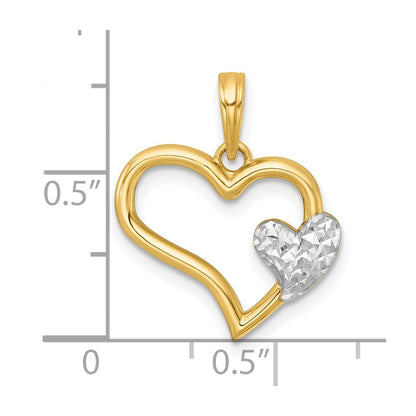 14K Gelb & Rhodium mit Weiß Rhodium Poliert Herz Form mit Mini Herz Charm