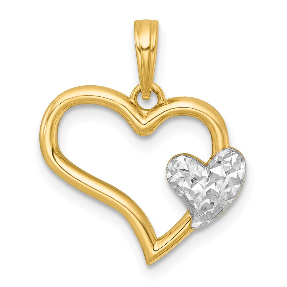 14K Gelb & Rhodium mit Weiß Rhodium Poliert Herz Form mit Mini Herz Charm