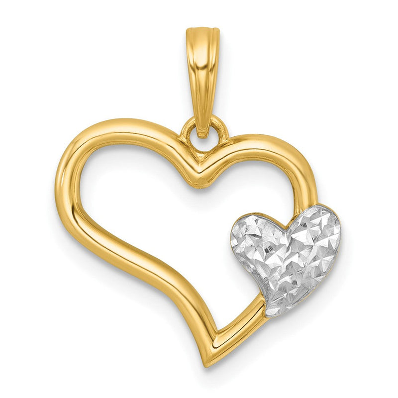 14K Gelb & Rhodium mit Weiß Rhodium Poliert Herz Form mit Mini Herz Charm