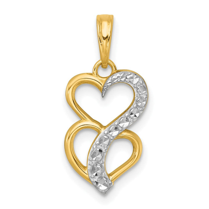 14K Gelb & Rhodium mit Weiß Rhodium Poliert und Gebürstet Herz Above Herz Charm