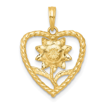 14K Gelb & Rhodium mit Weiß Rhodium Poliert Blume in Herz Charm