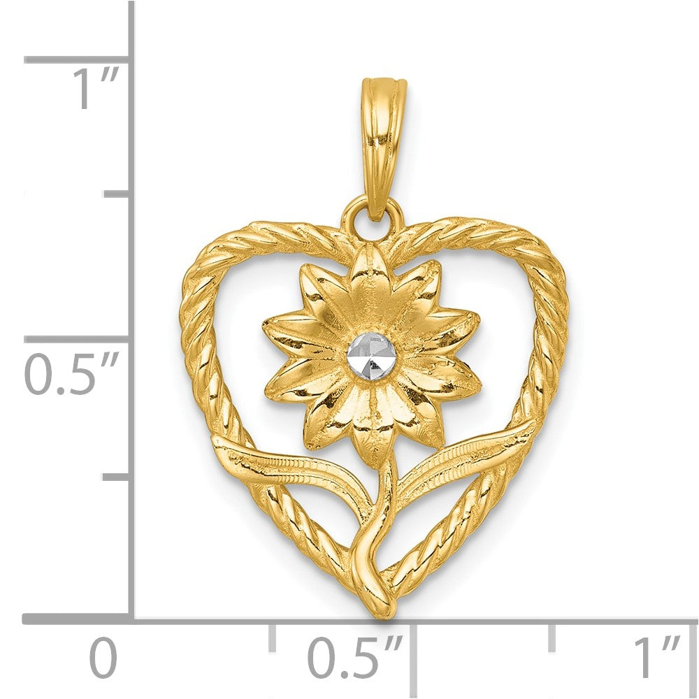 14K Gelb & Rhodium mit Weiß Rhodium Poliert Blume in Herz Charm