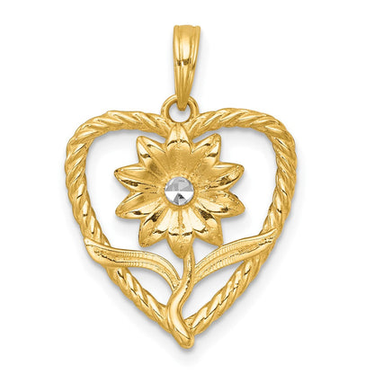 14K Gelb & Rhodium mit Weiß Rhodium Poliert Blume in Herz Charm