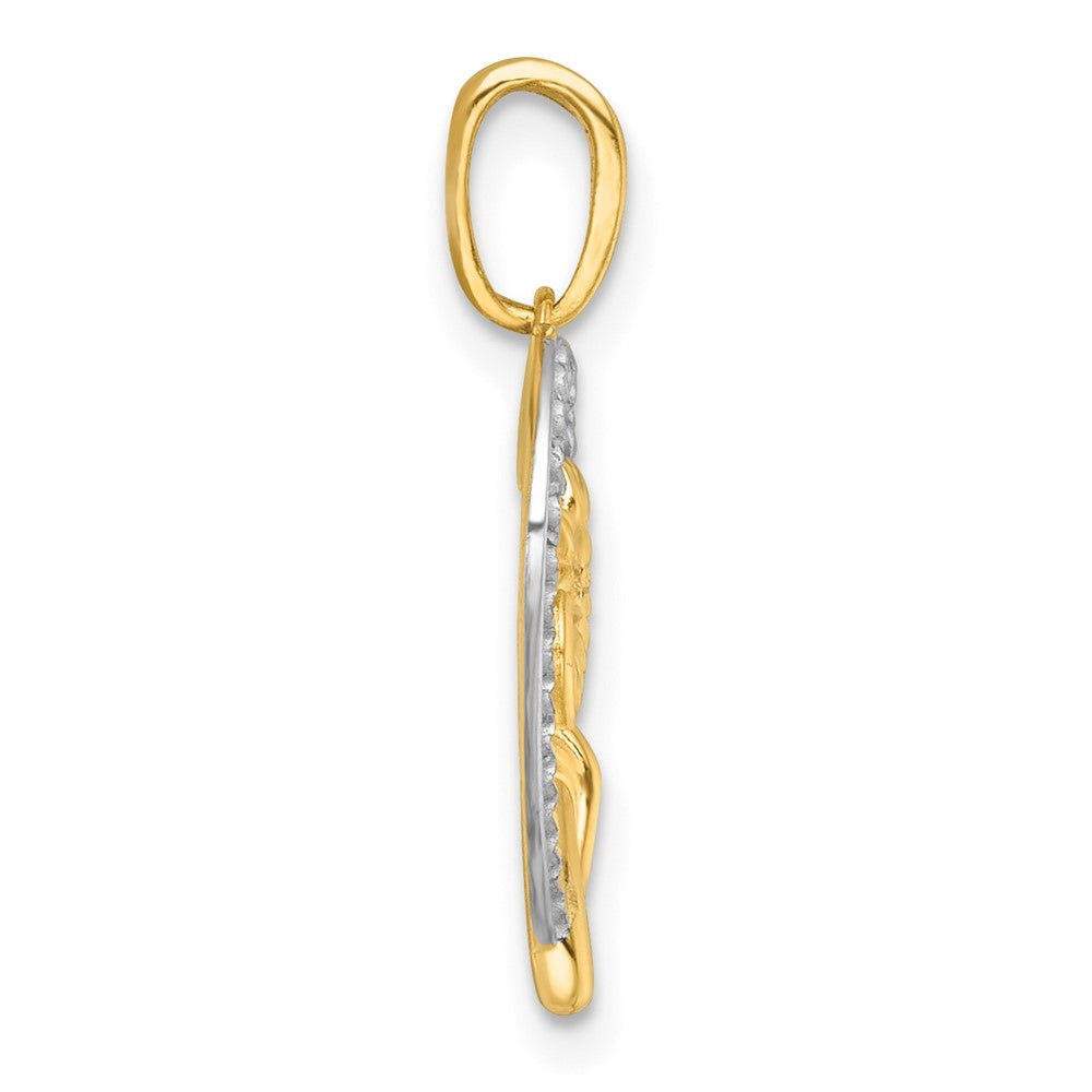 14K Gelb & Rhodium mit Weiß Rhodium Poliert Blume auf Herz Charm