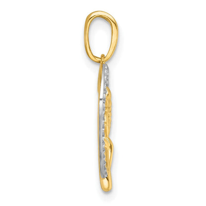14K Gelb & Rhodium mit Weiß Rhodium Poliert Blume auf Herz Charm