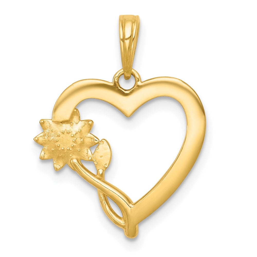 14K Gelb & Rhodium mit Weiß Rhodium Poliert Blume auf Herz Charm