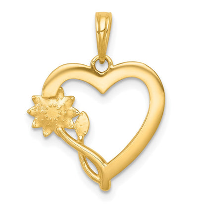 14K Gelb & Rhodium mit Weiß Rhodium Poliert Blume auf Herz Charm