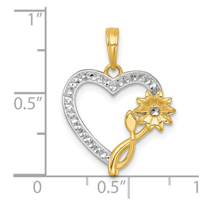 14K Gelb & Rhodium mit Weiß Rhodium Poliert Blume auf Herz Charm