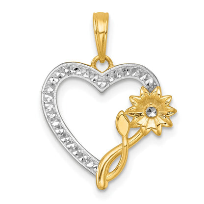 14K Gelb & Rhodium mit Weiß Rhodium Poliert Blume auf Herz Charm