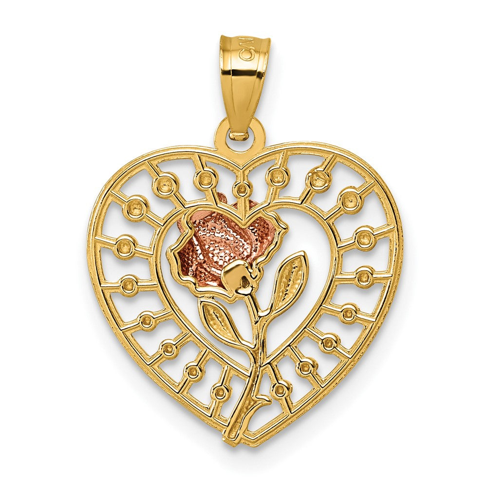 14K Bicolor Diamantiert Poliert Rose in Herz Anhänger