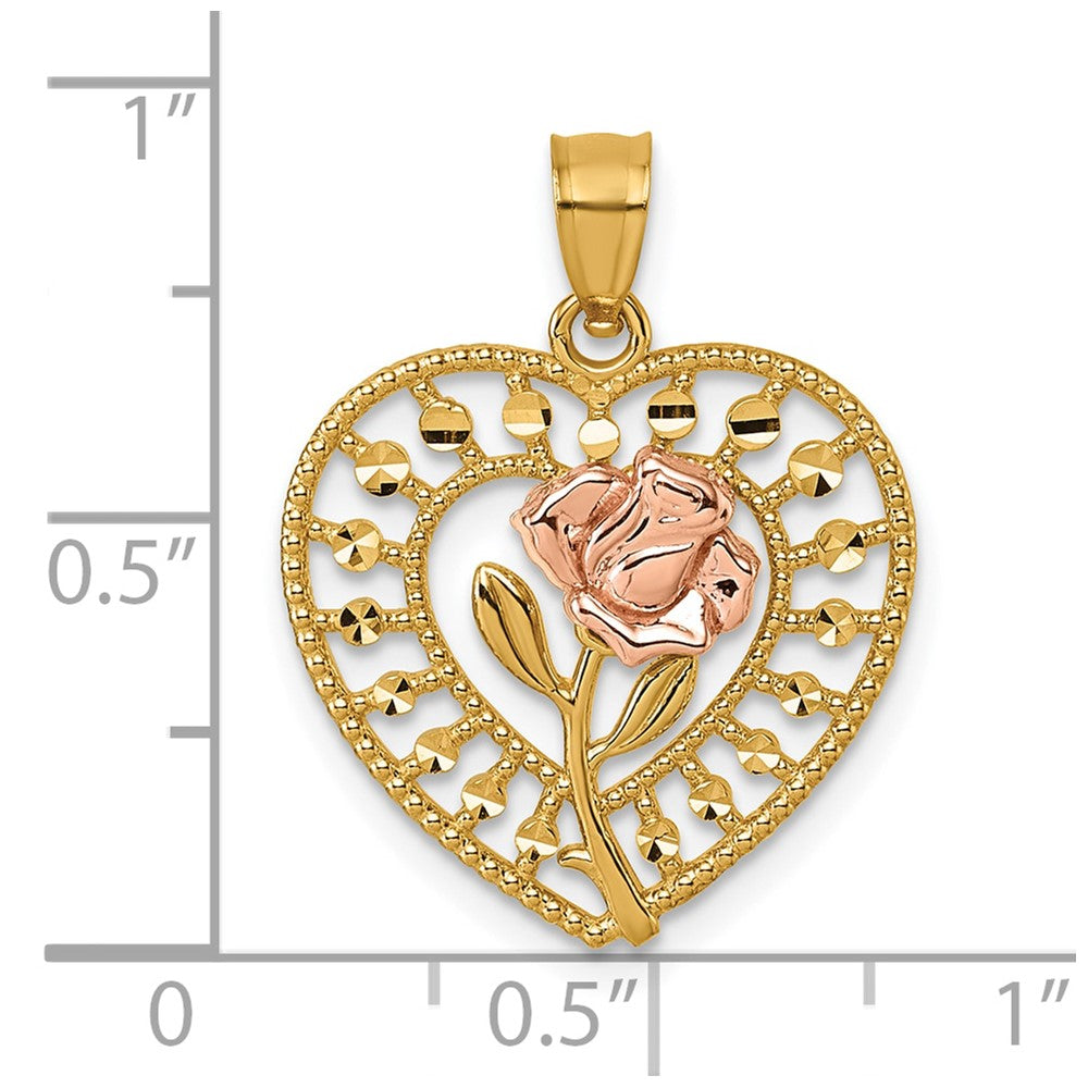 14K Bicolor Diamantiert Poliert Rose in Herz Anhänger