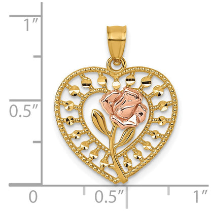 14K Bicolor Diamantiert Poliert Rose in Herz Anhänger