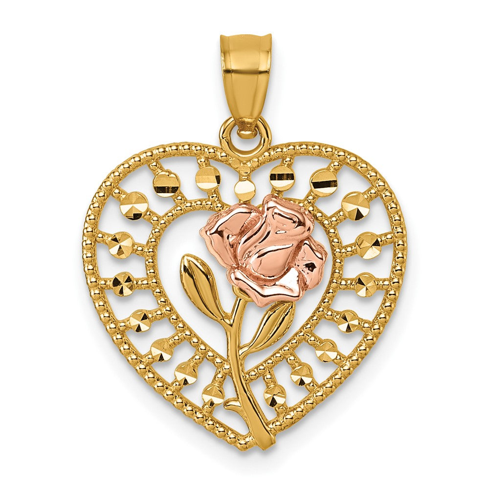 14K Bicolor Diamantiert Poliert Rose in Herz Anhänger